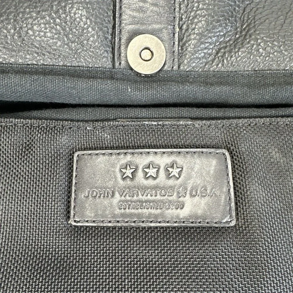 John Varvatos Black Leather Laptop Briefcase Shoulder Messenger Bag Stars READ